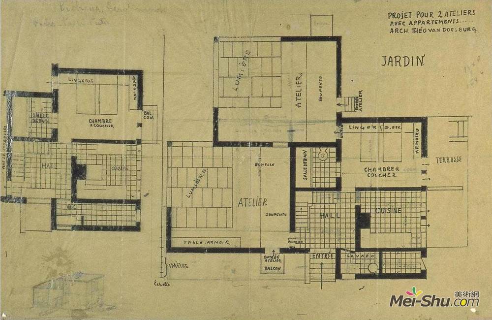 特奥·凡·杜斯伯格(Theo van Doesburg)高清作品《双工作室公寓设计、方案及轴测》