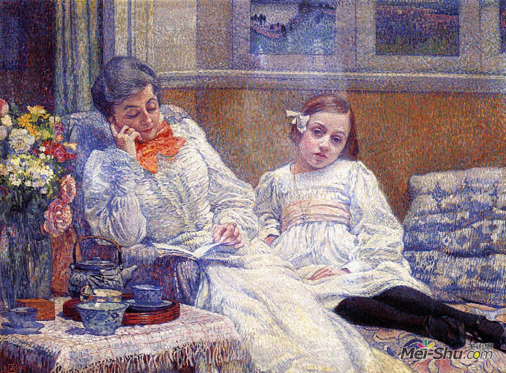 西奥·凡·莱西尔伯格(Theo van Rysselberghe)高清作品《西奥万凡瑞塞尔伯格夫人和她的女儿》