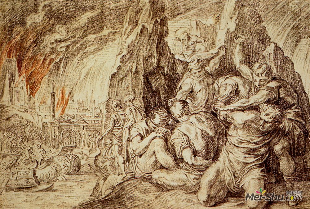 范图尔登(Theodoor van Thulden)高清作品《希腊人在特洛伊之火后离开。》