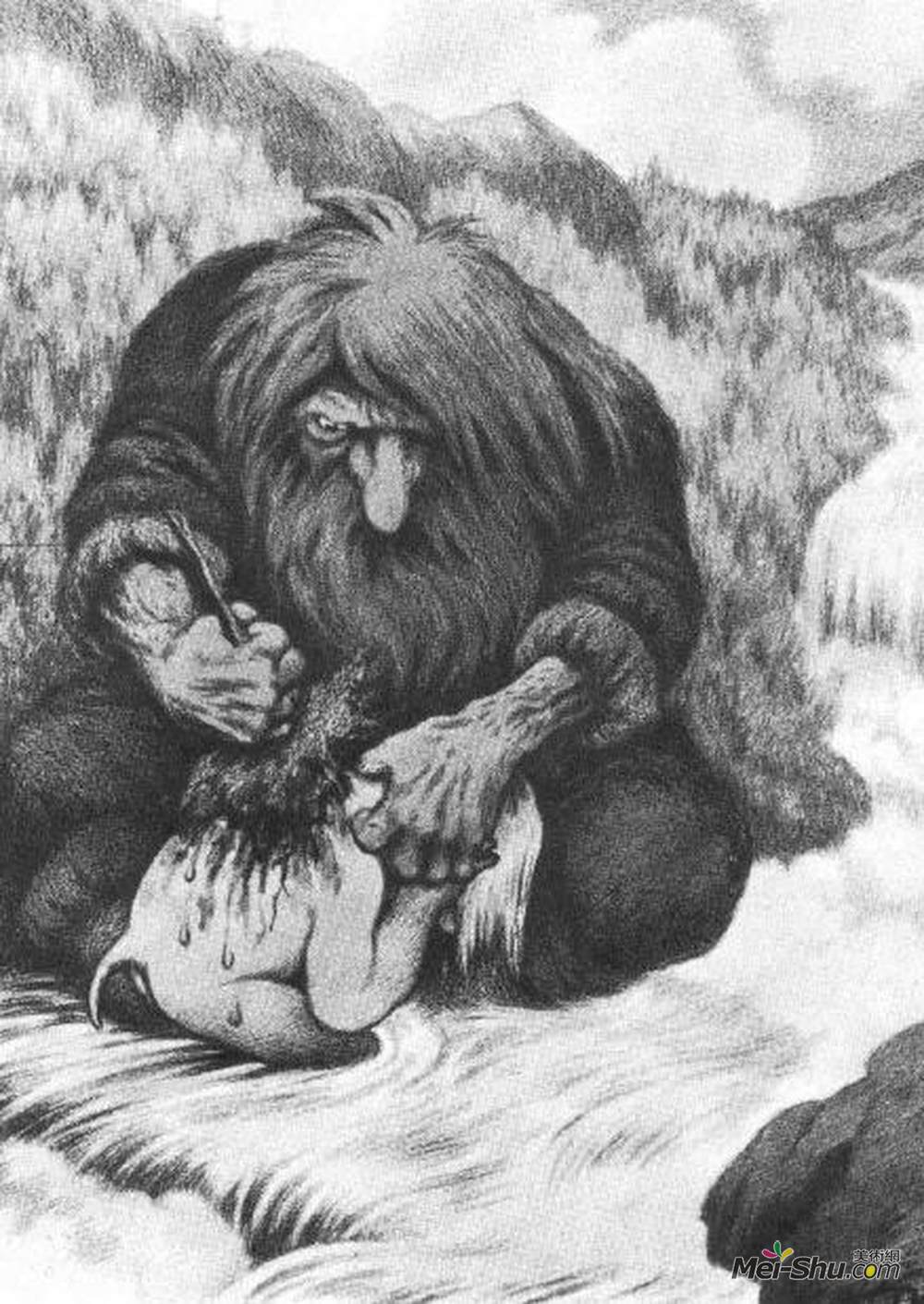 蒂奥多·吉特尔森(Theodor Severin Kittelsen)高清作品《巨魔的孩子洗了》
