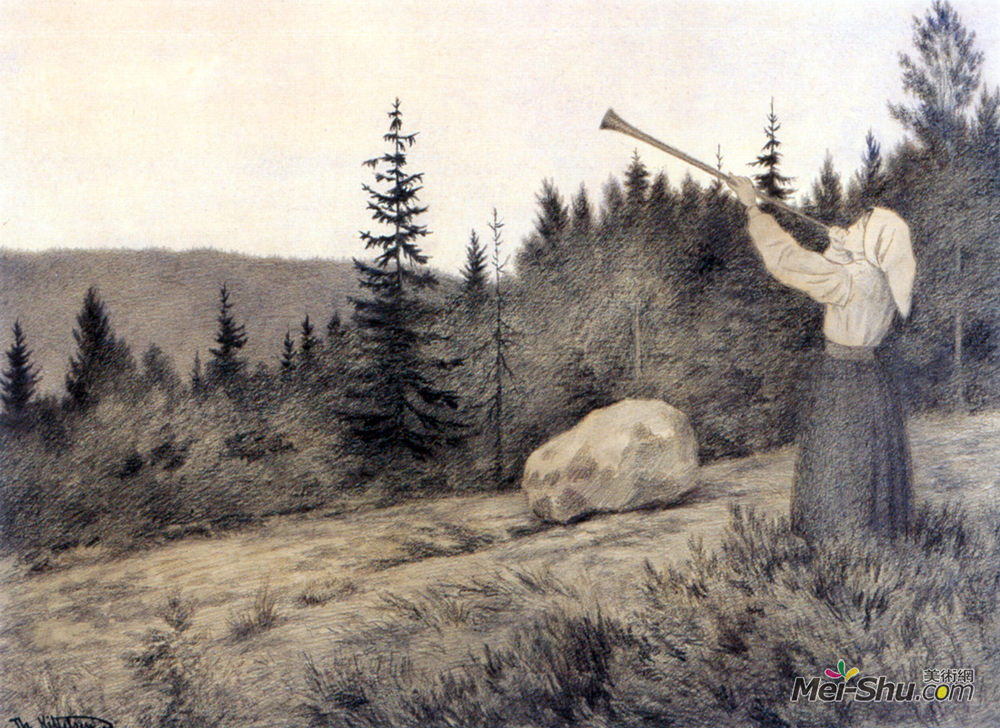 蒂奥多·吉特尔森(Theodor Severin Kittelsen)高清作品《Up in the Hills a Clarion Call rings out》