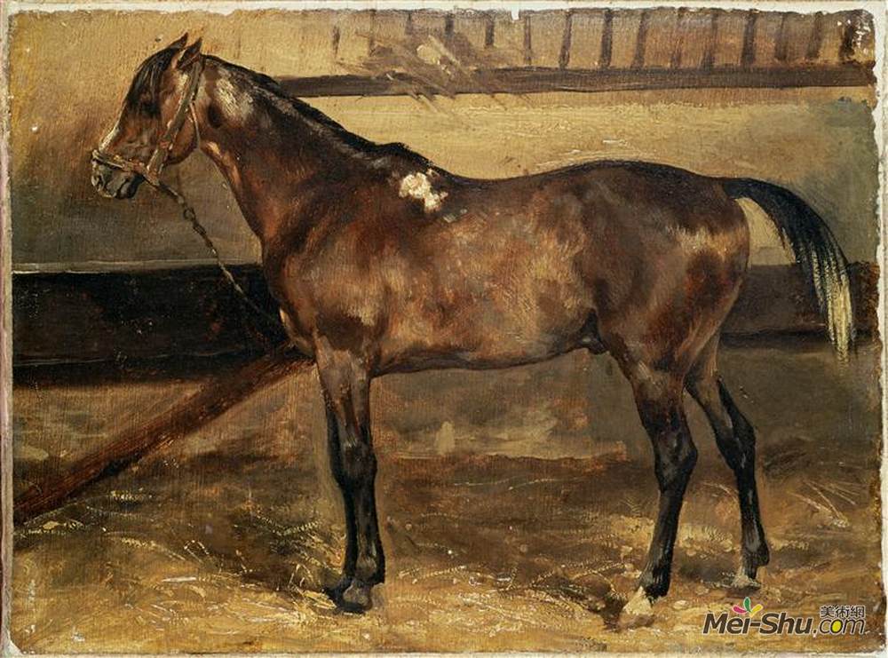 泰奥多尔·席里柯(Theodore Gericault)高清作品《摊位上的棕色马》