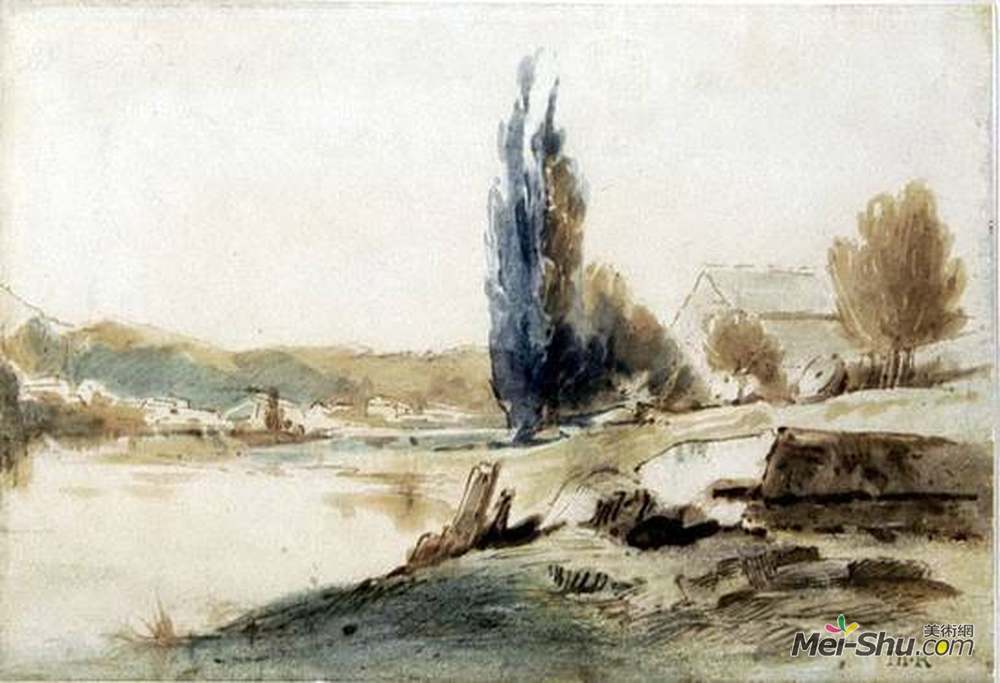 西奥多·卢索(Theodore Rousseau)高清作品《奥弗涅池塘附近的房子》