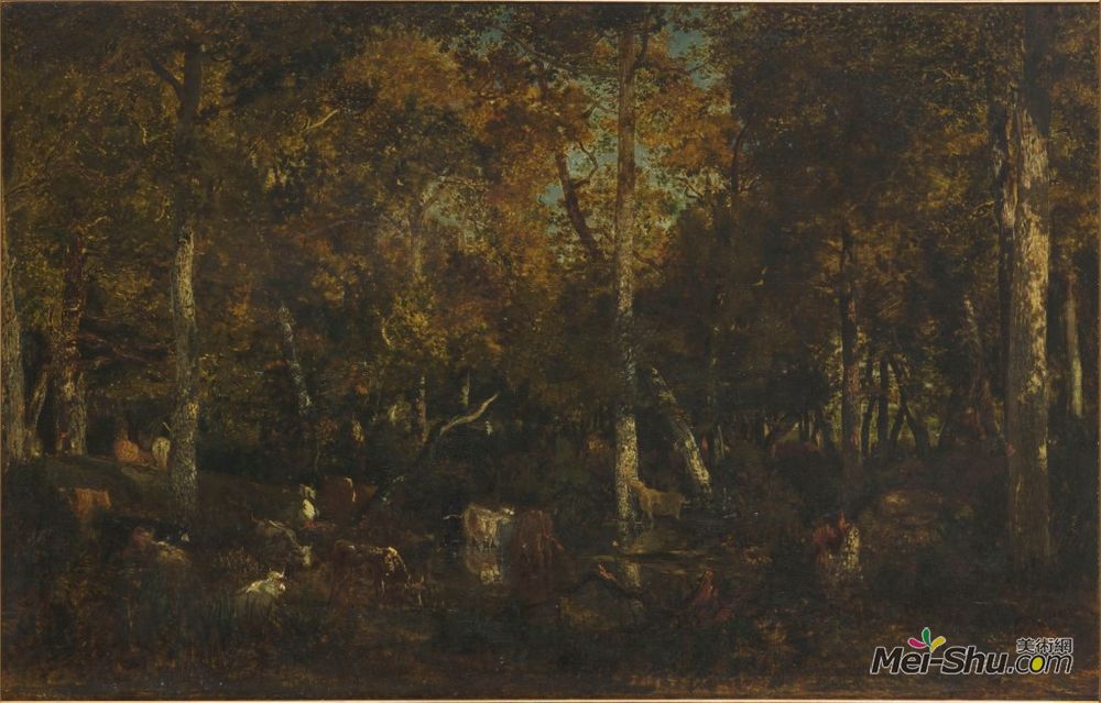 西奥多·卢索(Theodore Rousseau)高清作品《Inside the forest grove at Vieux Dormoir du Bas-Br&é》
