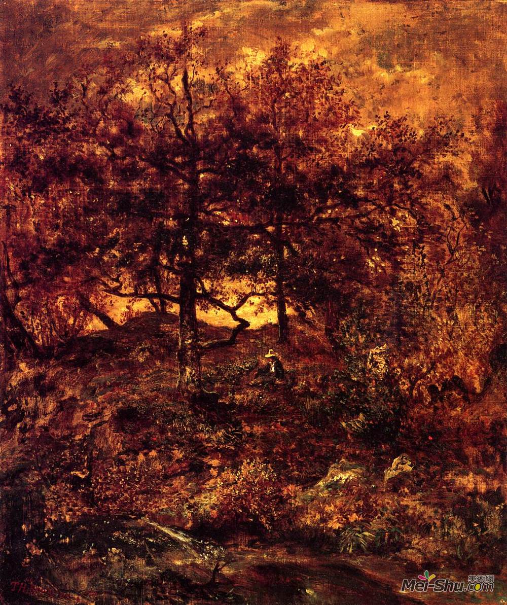 西奥多·卢索(Theodore Rousseau)高清作品《落在枫丹白露森林的巴黎》