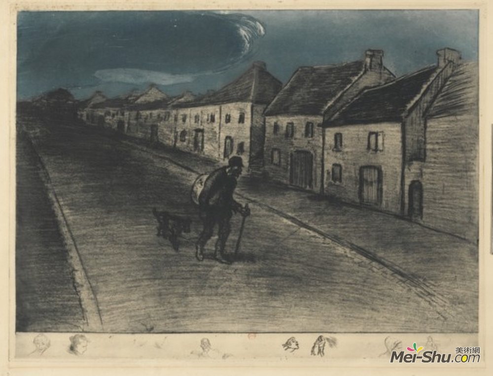 索菲尔·史坦林(Theophile Steinlen)高清作品《通过一个村庄睡着的流浪汉》