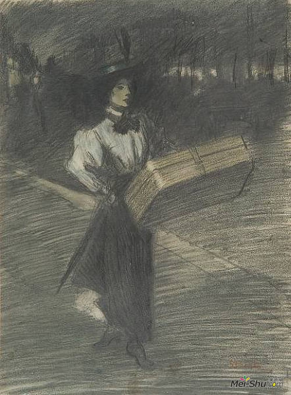 索菲尔·史坦林(Theophile Steinlen)高清作品《带箱子的女孩》
