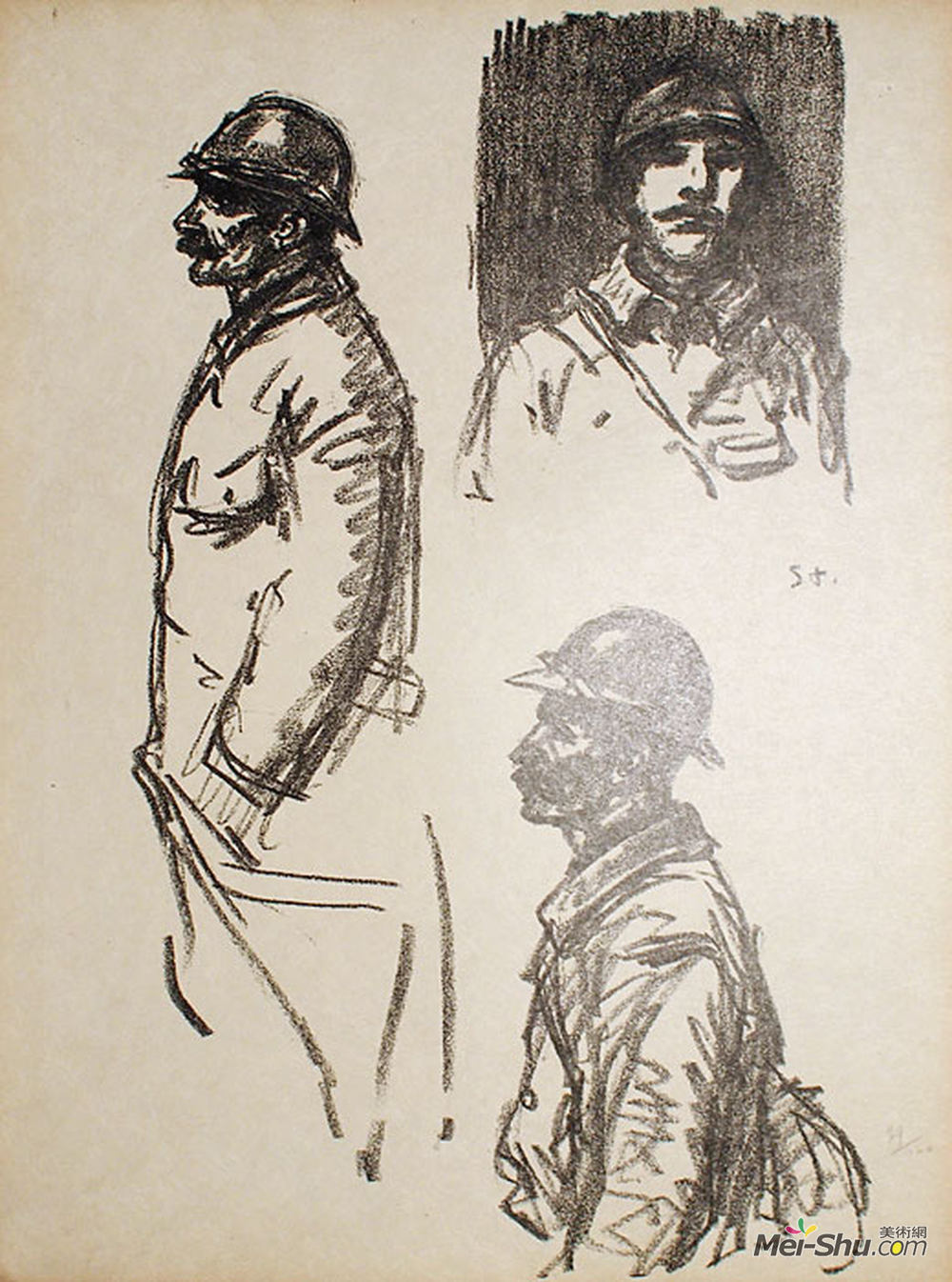 索菲尔·史坦林(Theophile Steinlen)高清作品《三个士兵的速写。》