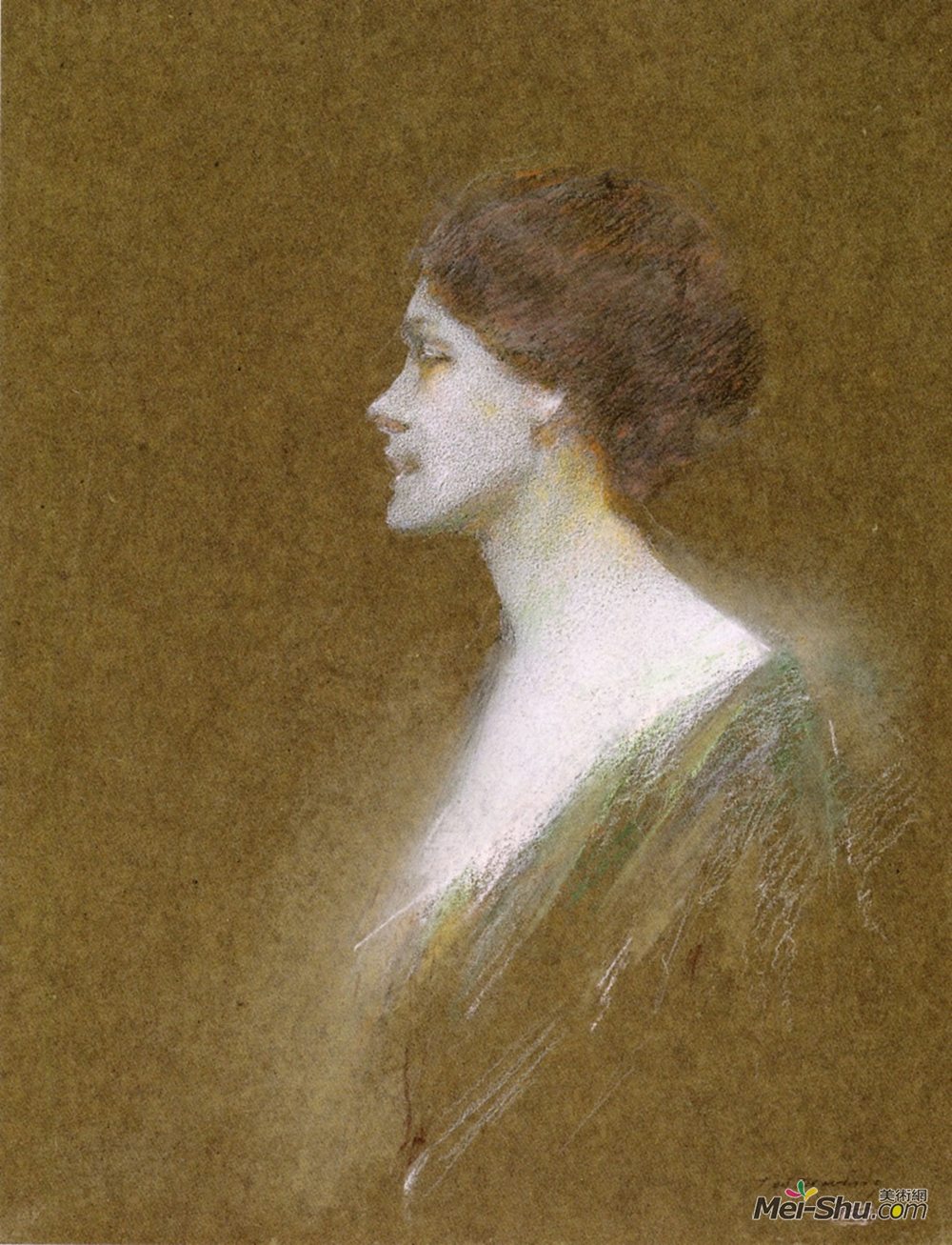 托马斯·杜因(Thomas Dewing)高清作品《一名妇女的画象桃红色的》