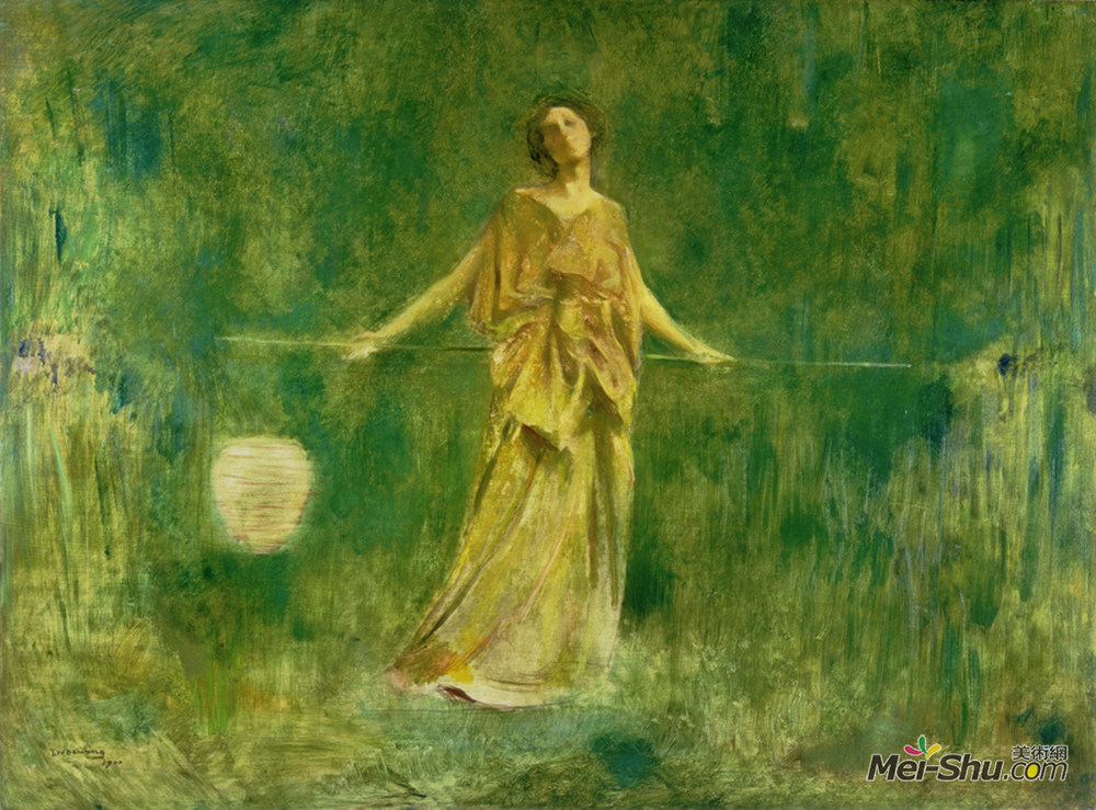 托马斯·杜因(Thomas Dewing)高清作品《绿色与金色交响曲》