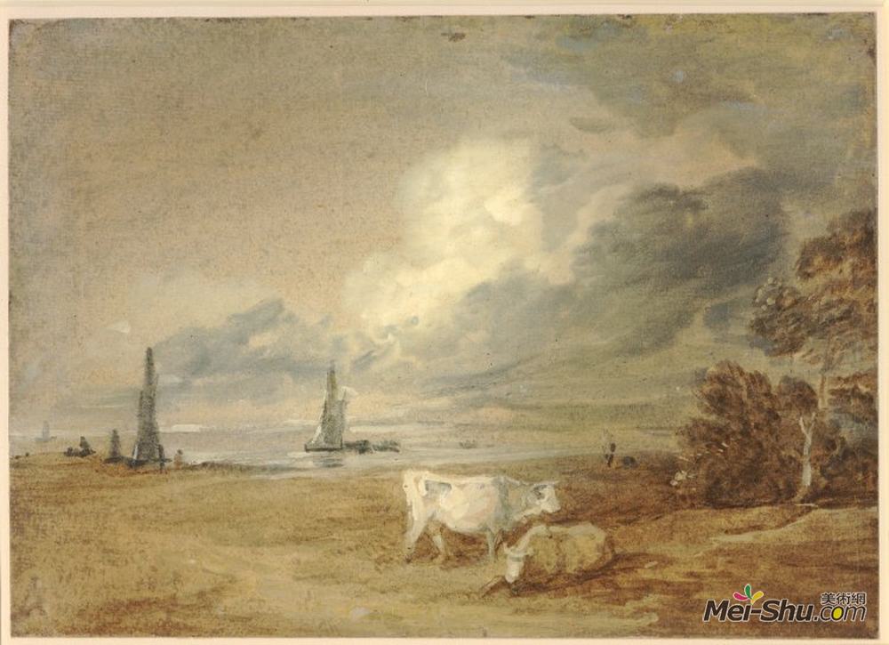 托马斯·庚斯博罗(Thomas Gainsborough)高清作品《航运、人物和奶牛的海岸风光》