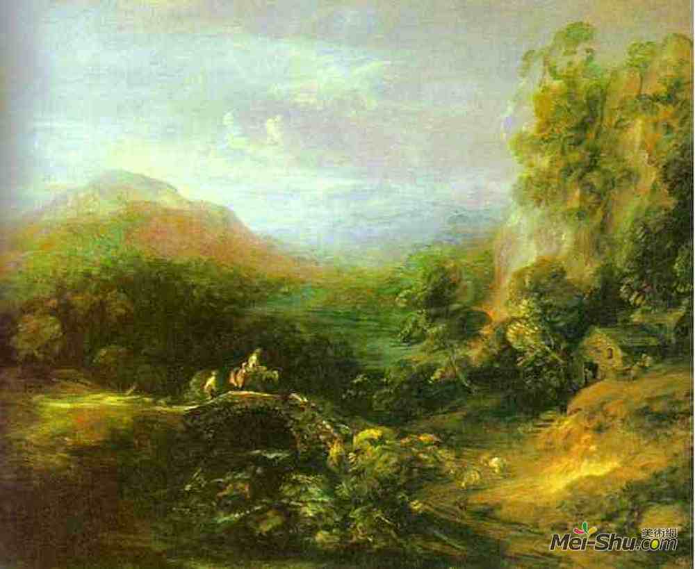 托马斯·庚斯博罗(Thomas Gainsborough)高清作品《农民过桥山岳景观》