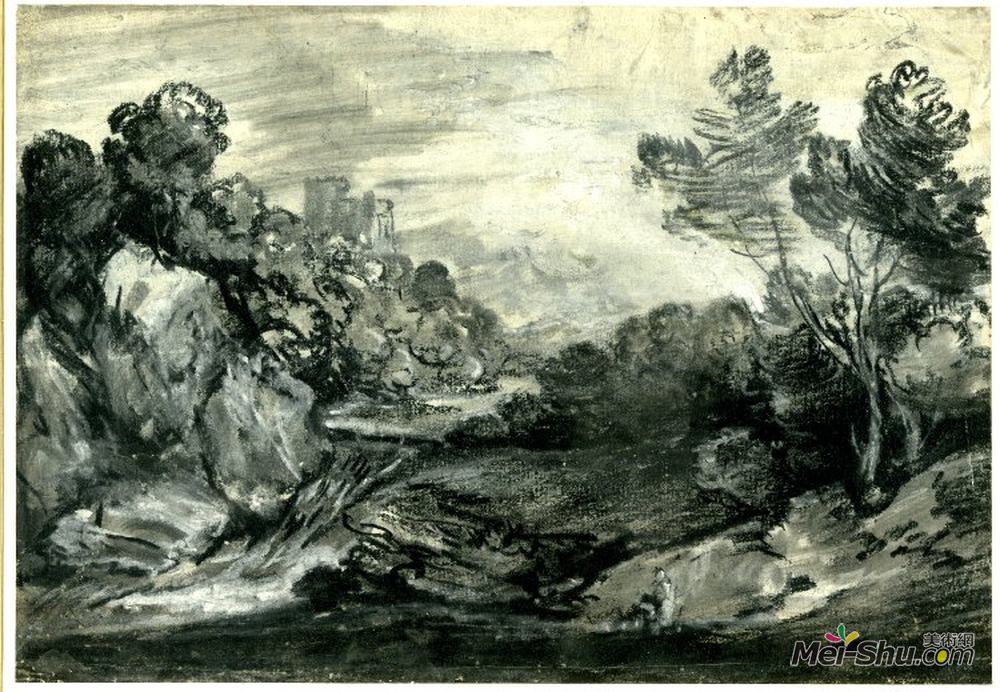 托马斯·庚斯博罗(Thomas Gainsborough)高清作品《有瀑布、城堡和山的岩石森林景观，》
