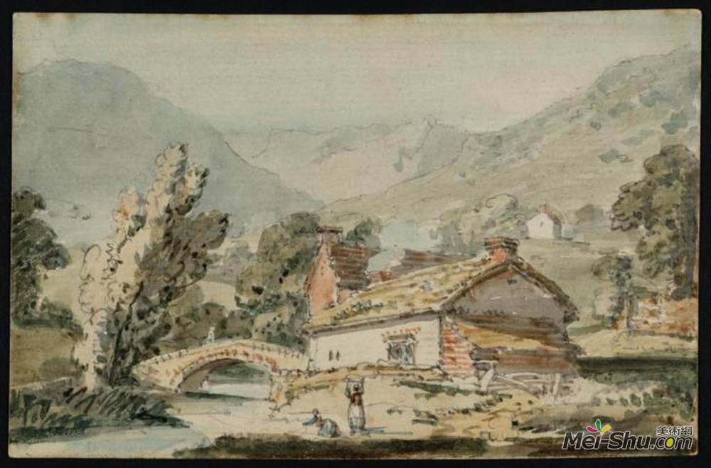 托马斯·格尔丁(Thomas Girtin)高清作品《场景在英格兰湖区，在巴特米尔附近》