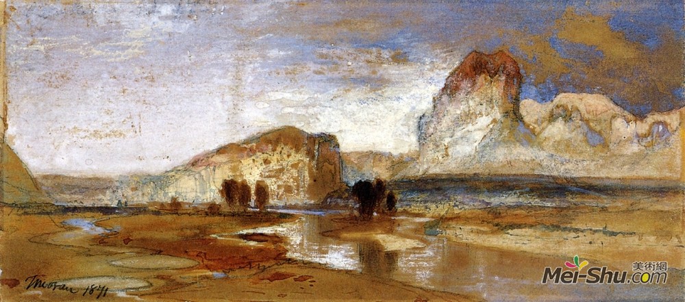 托马斯·莫兰(Thomas Moran)高清作品《怀俄明西部格林里弗第一幅素描》