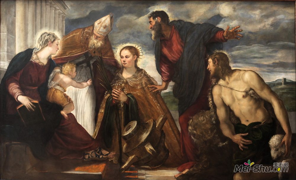 丁托莱托(Tintoretto)高清作品《处女和儿童与圣凯瑟琳，圣奥古斯丁，塞恩》