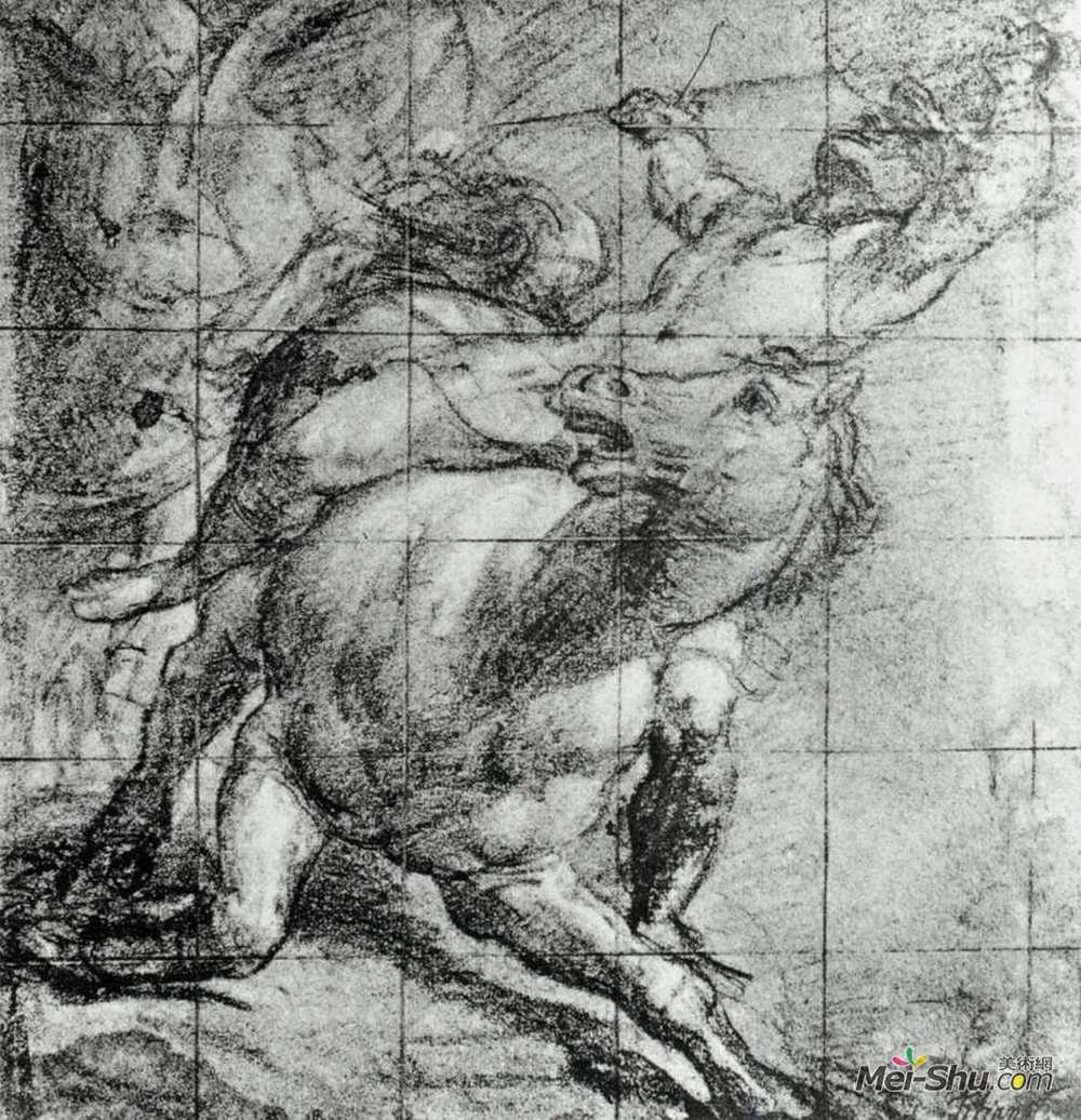 提香·韦切利奥(Titian)高清作品《蓝纸上的马和骑手黑粉笔》