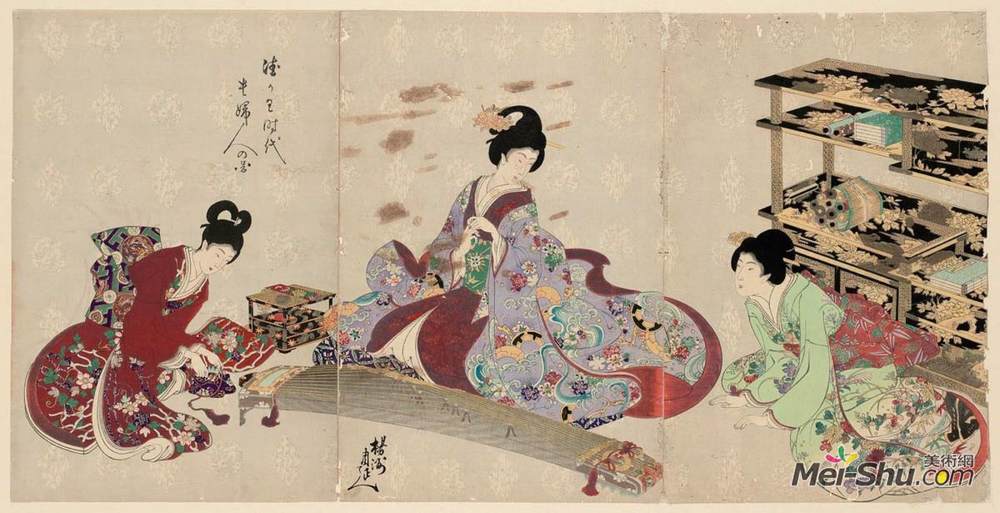 扬洲周延(Toyohara Chikanobu)高清作品《Preparing to Play the Koto》