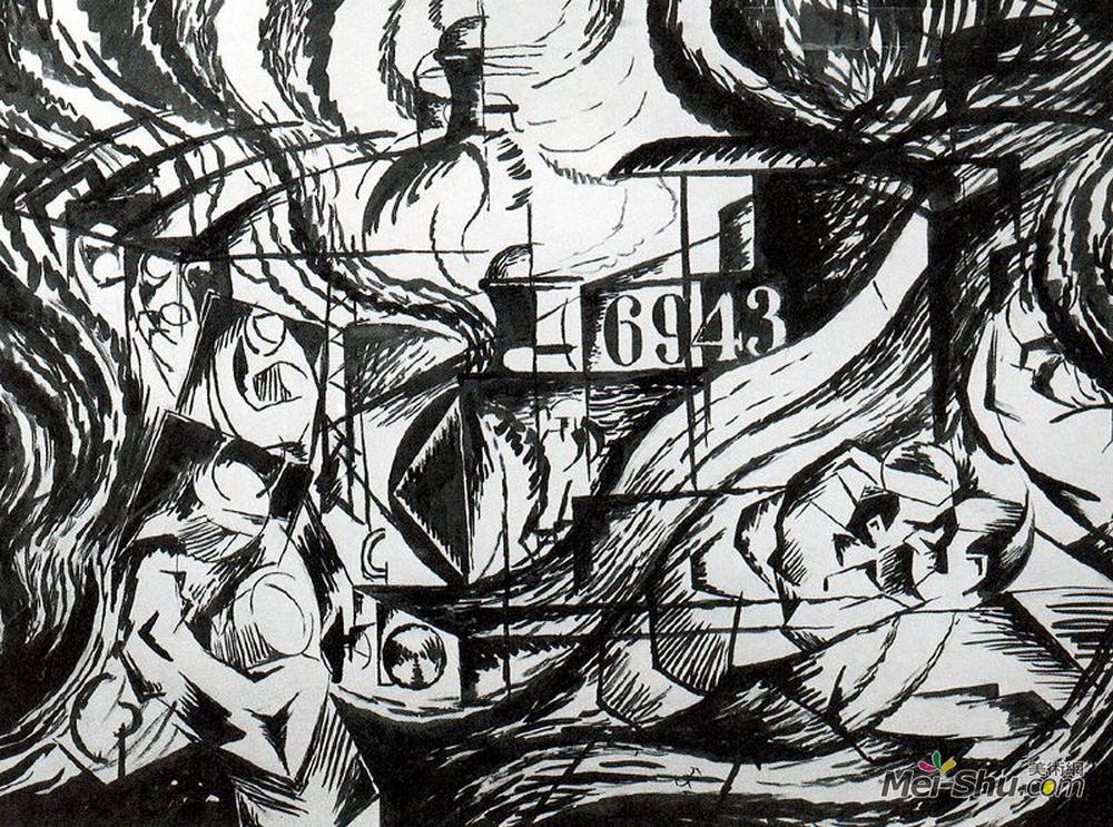 翁贝托·薄邱尼(Umberto Boccioni)高清作品《“心境”后的绘画：告别与39》