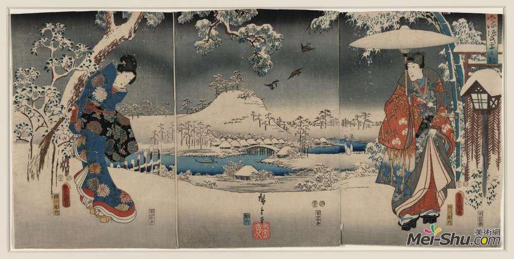 歌川国贞(Utagawa Kunisada)高清作品《雪白的风景，一个女人挥舞着扫帚和一个男人》