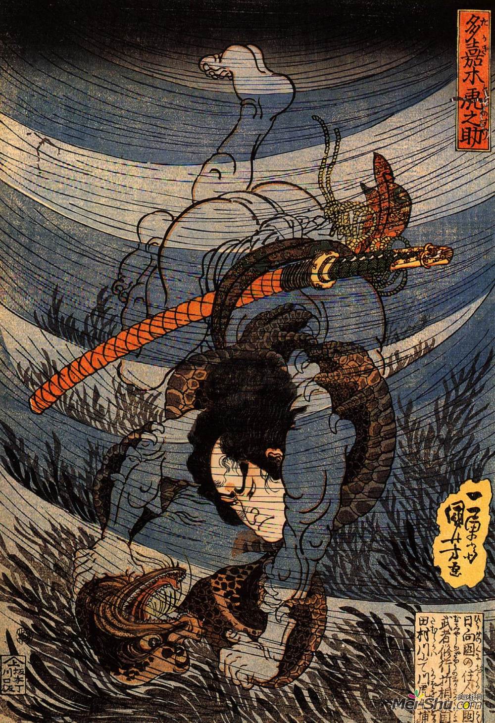 歌川国芳(Utagawa Kuniyoshi)高清作品《Takagi Toranosuke capturing a kappa underwater in the Tamura》