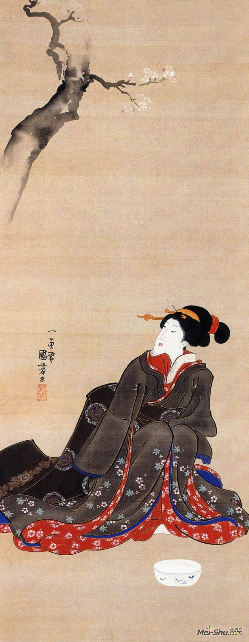 歌川国芳(Utagawa Kuniyoshi)高清作品《坐在樱花下的女人》