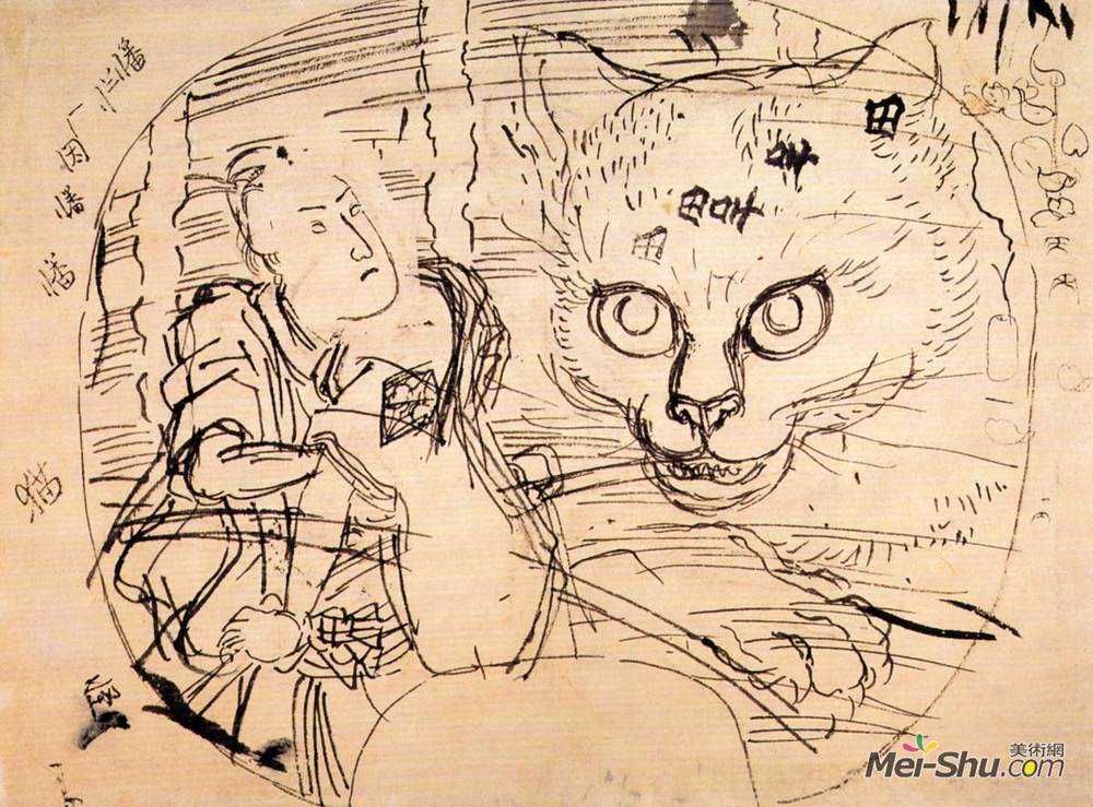 歌川国芳(Utagawa Kuniyoshi)高清作品《The actor Ichumura meeting a cat ghost》