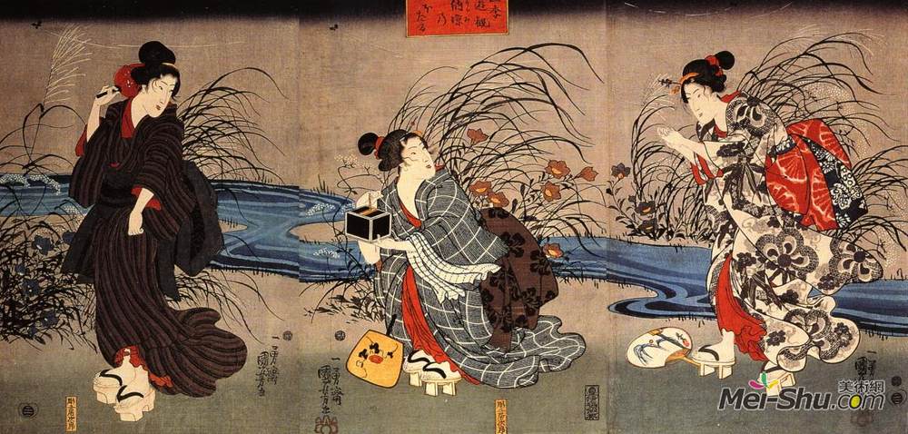 歌川国芳(Utagawa Kuniyoshi)高清作品《一条溪流捕捉萤火虫的女人》