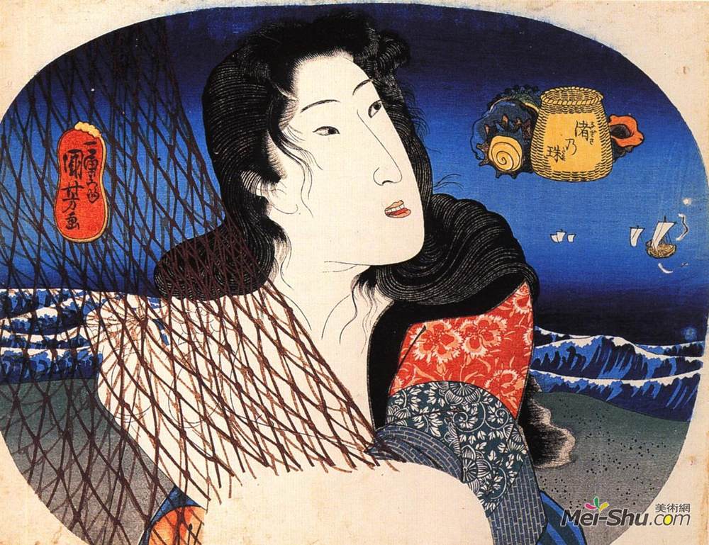 歌川国芳(Utagawa Kuniyoshi)高清作品《修鱼网的女人》