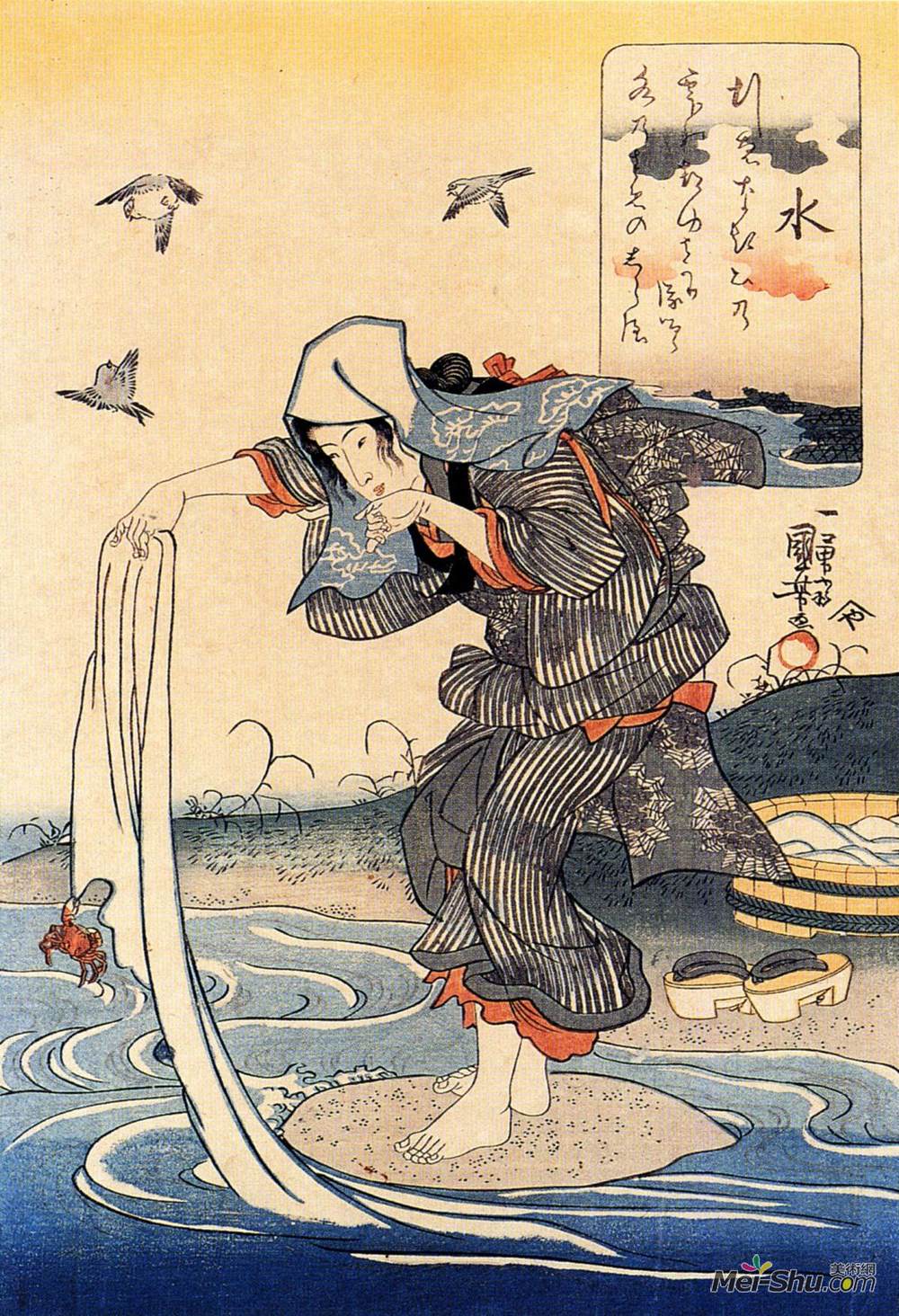 歌川国芳(Utagawa Kuniyoshi)高清作品《在河里洗衣服的女人》