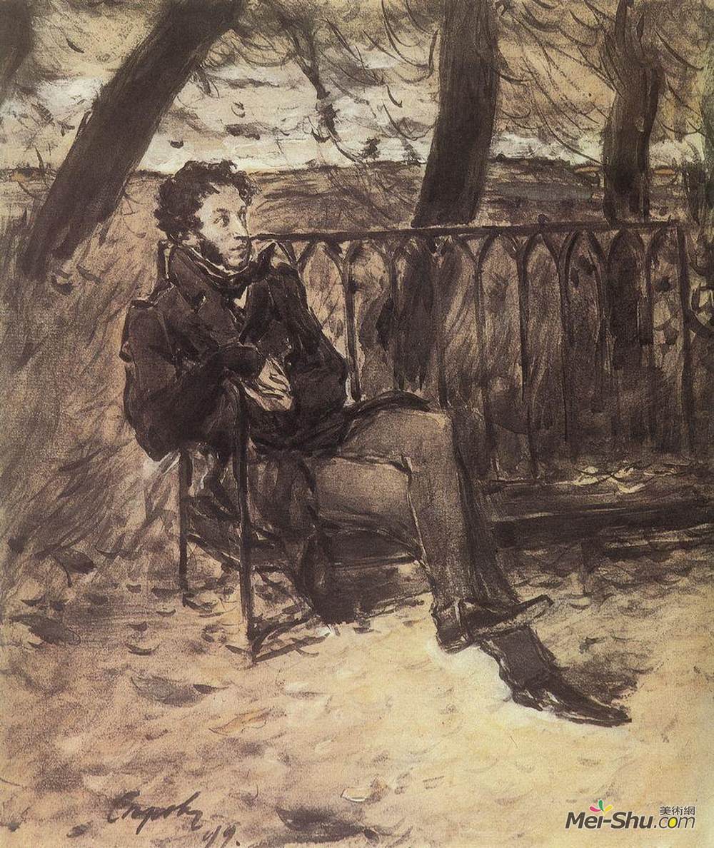 瓦伦丁·谢罗夫(Valentin Serov)高清作品《亚历山大普希金在公园里》