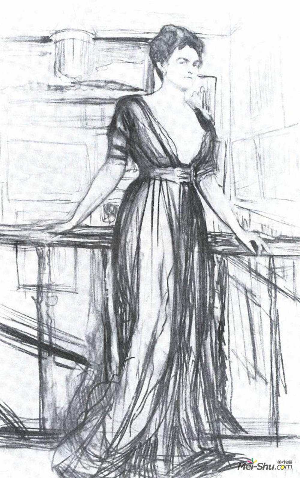 瓦伦丁·谢罗夫(Valentin Serov)高清作品《谢尔巴托娃肖像画素描》