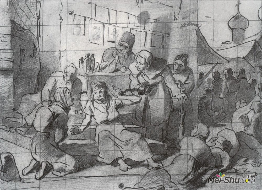 瓦西里佩洛夫(Vasily Perov)高清作品《圣洁的愚人，被朝圣者包围》