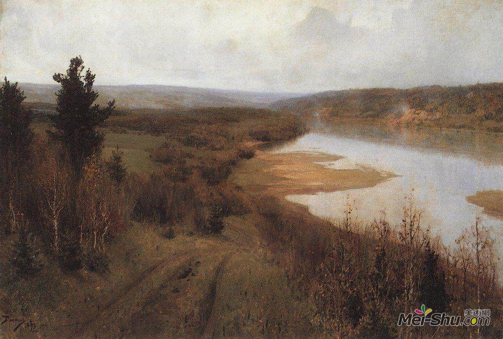 瓦西里波列诺夫(Vasily Polenov)高清作品《变冷了。塔鲁萨附近的奥卡河上的秋天。》