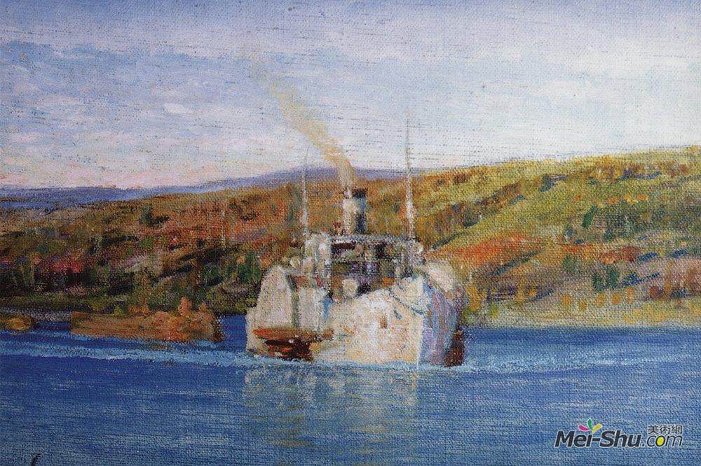瓦西里波列诺夫(Vasily Polenov)高清作品《奥卡河弗拉迪米尔轮船改装成拖车。》