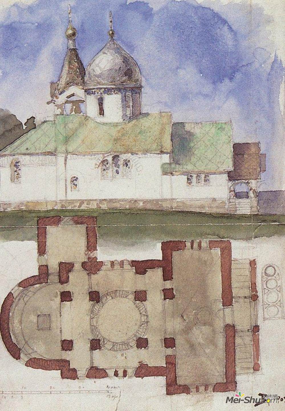 瓦西里波列诺夫(Vasily Polenov)高清作品《Sketch and floor plan of Holy Trinity Church in Biokhovo vil》