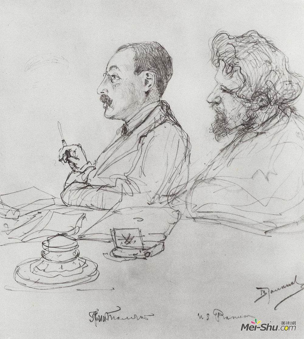 瓦西里波列诺夫(Vasily Polenov)高清作品《托尔斯泰和列宾在艺术学院的一次会议上》