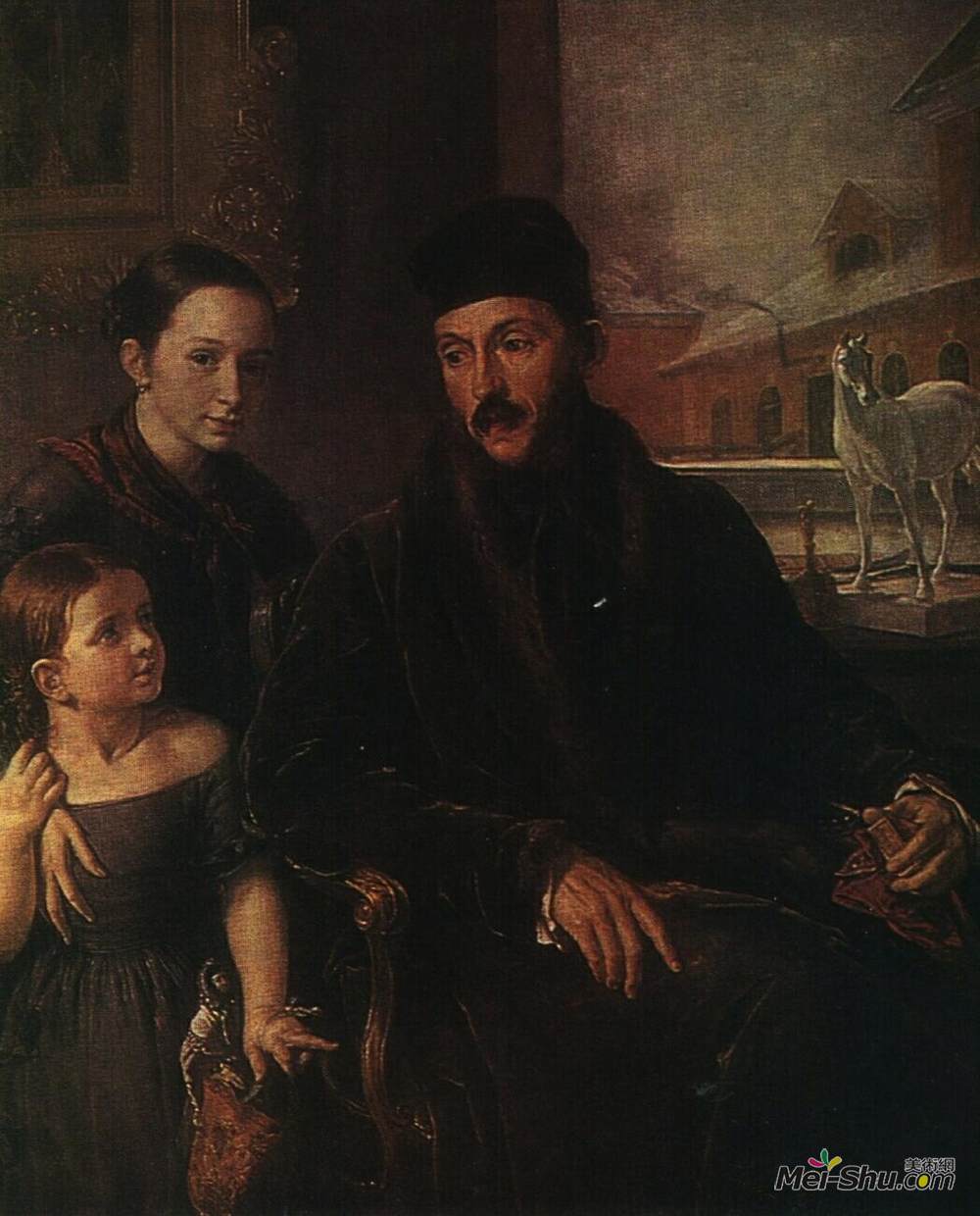 瓦西里·特罗平宁(Vasily Tropinin)高清作品《Portrait of D. P. Voyeikov with His Daughter and the Governe》