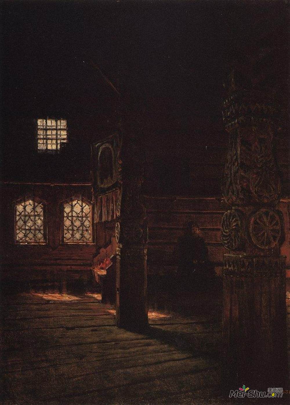 瓦西里·维列什查金(Vasily Vereshchagin)高清作品《圣彼得和圣保罗的木制教堂内部》