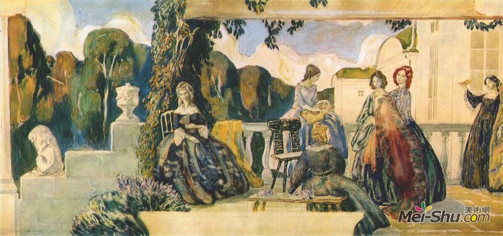鲍里索夫·穆萨托夫(Victor Borisov-Musatov)高清作品《Summer Melody (sketch for a panel)》