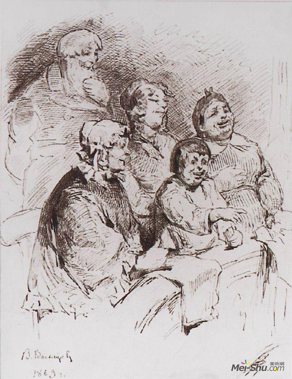 维克托·米哈伊洛维奇·瓦斯涅佐夫(Viktor Vasnetsov)高清作品《剧院里的商人家庭》