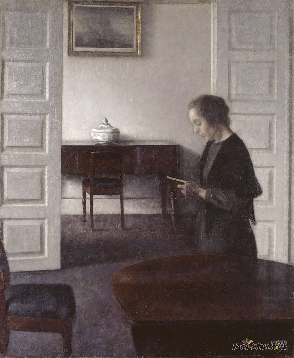 维尔姆·哈默肖伊(Vilhelm Hammershoi)高清作品《室内与读书女士》