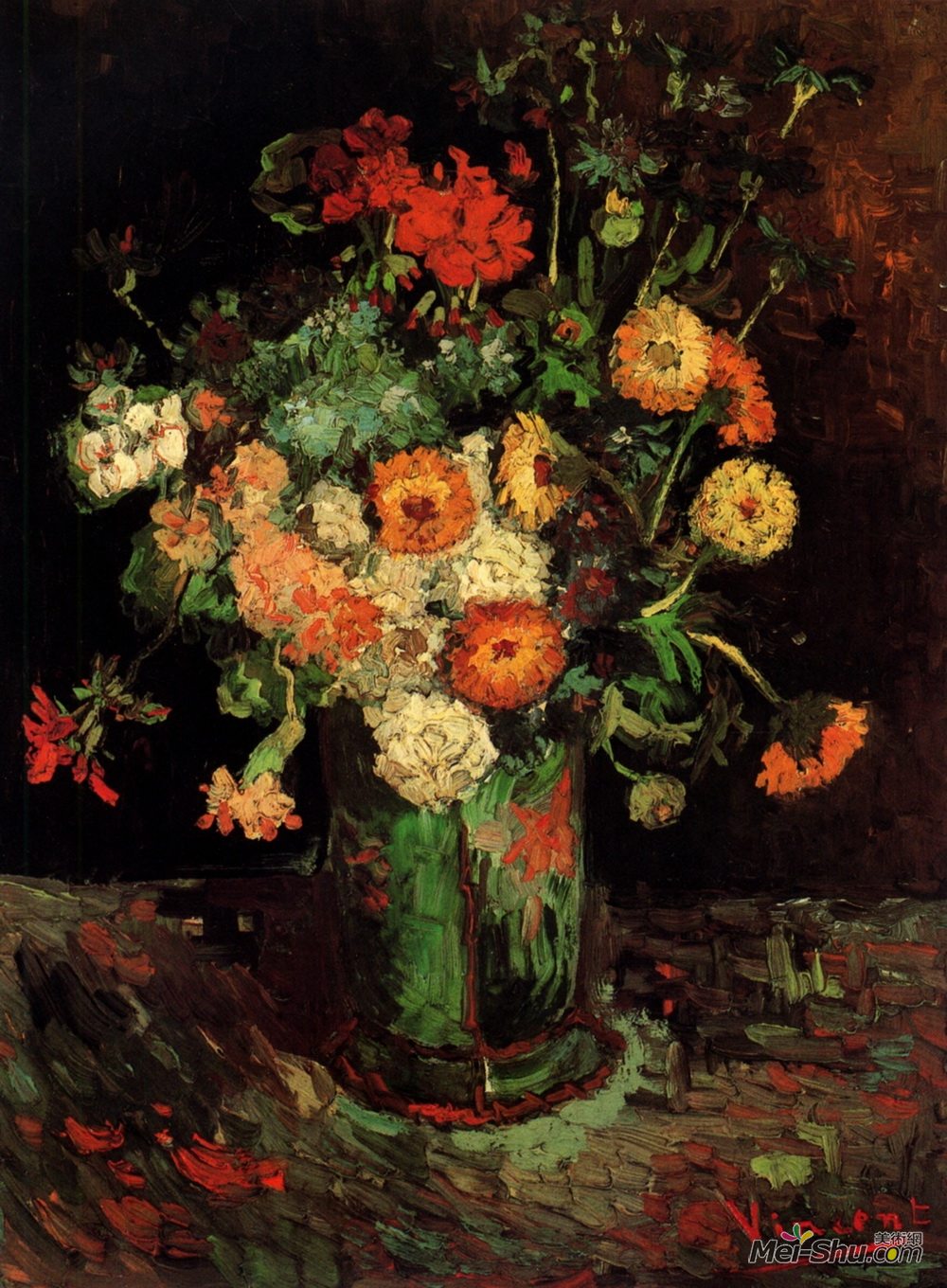 百日草和天竺葵的花瓶文森特梵高vincentvangogh高清作品欣赏
