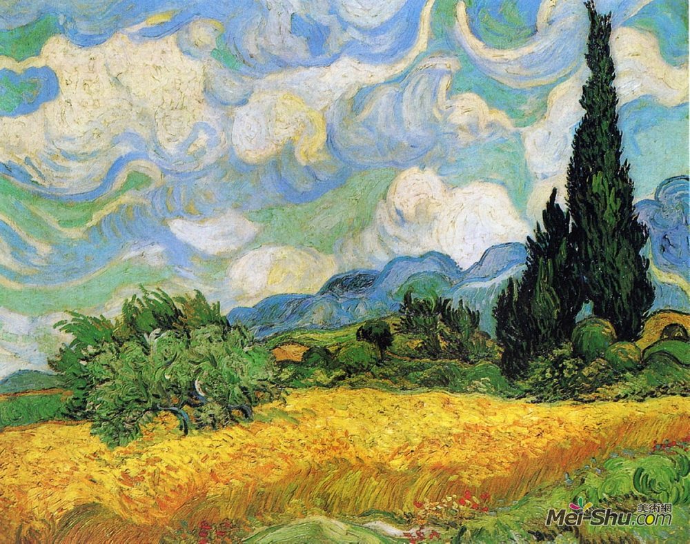 文森特·梵高(Vincent van Gogh)高清作品《Wheat Field with Cypresses at the Haude Galline near Eygalie》