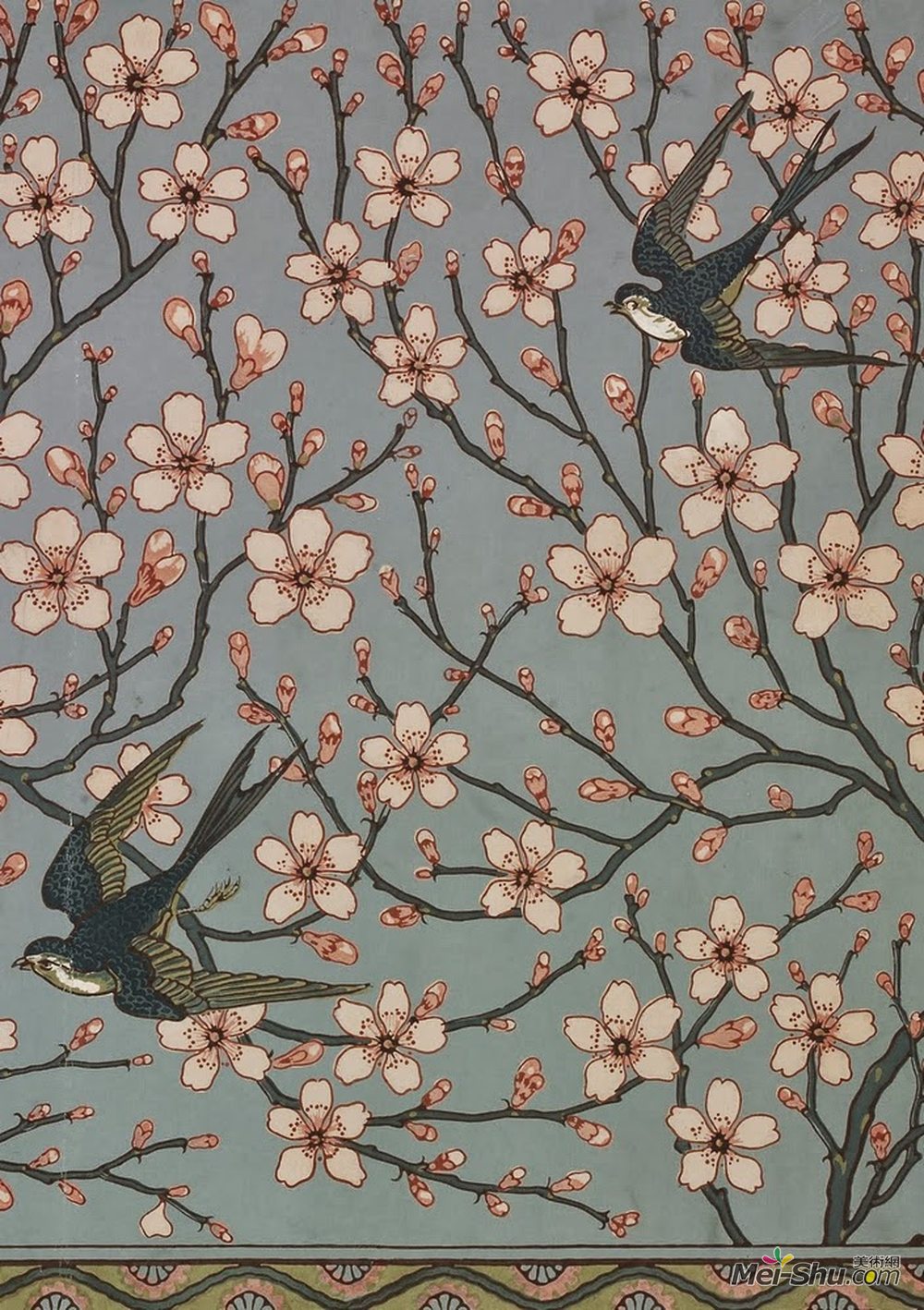 沃尔特·克兰(Walter Crane)高清作品《杏花与燕子（壁纸设计）》