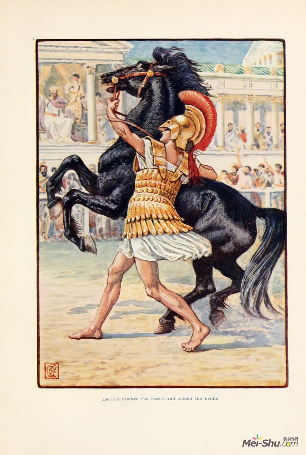 沃尔特·克兰(Walter Crane)高清作品《他跑向那匹马，抓住了马缰绳》