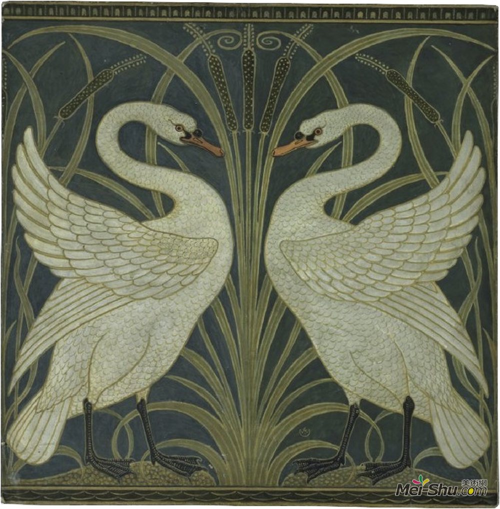 沃尔特·克兰(Walter Crane)高清作品《天鹅和拉什和虹膜壁纸》