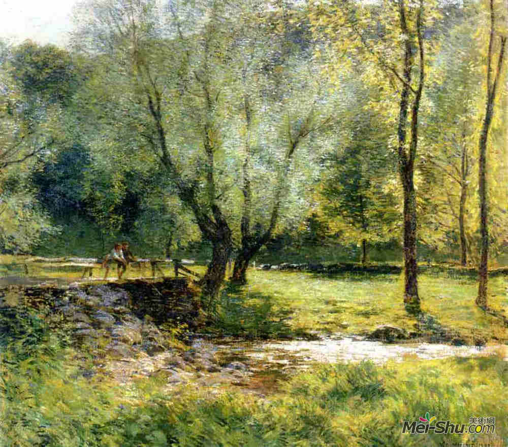 乌伊拉德·梅特卡夫(Willard Metcalf)高清作品《男孩钓鱼》