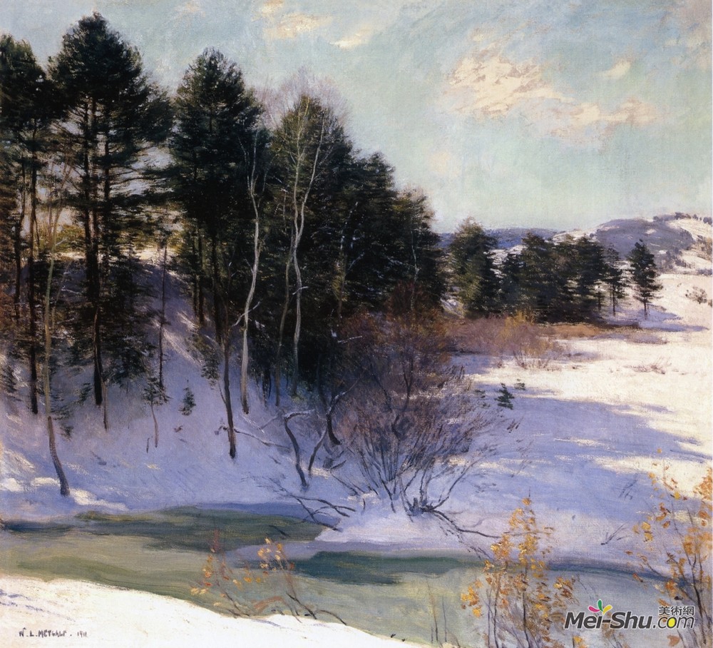 乌伊拉德·梅特卡夫(Willard Metcalf)高清作品《融化的小溪（冬天的阴影）》