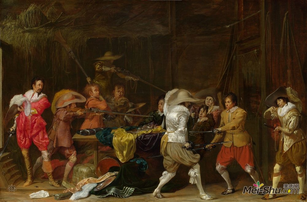 威廉·康奈利斯·杜斯特(Willem Cornelisz Duyster)高清作品《在谷仓里争夺战利品的士兵》